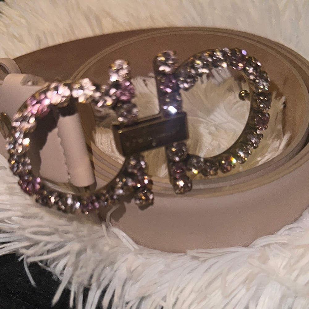 Salvatore Ferragamo Tan and Pink Belt with Crystal Buckle